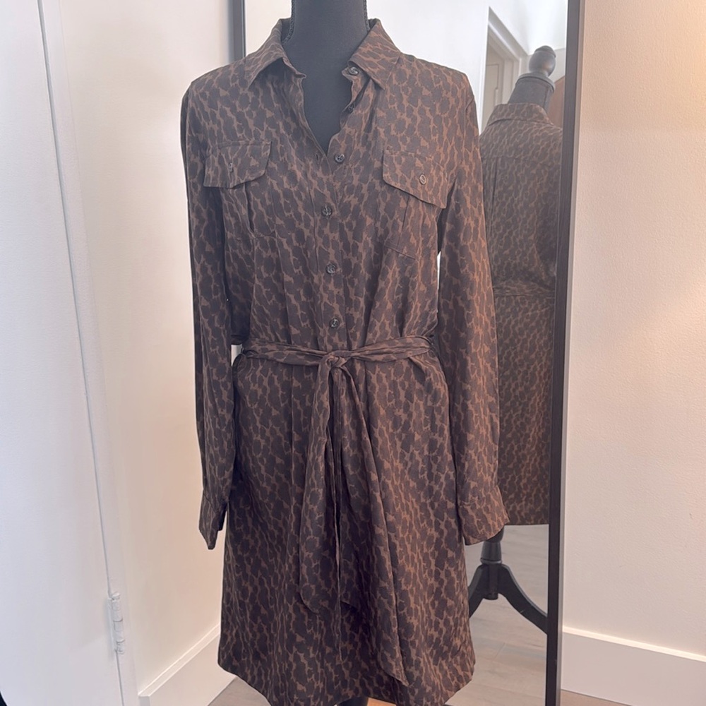MaxMara 🇮🇹 Brown Leopard Print Silk Shirt Dress, US10 $85